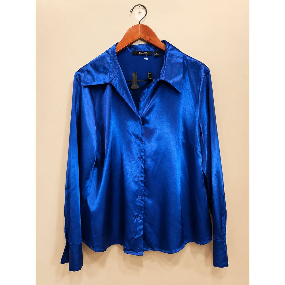 Essentials by Milano Blue Button Up Long Sleeve XL Blouse Officecore Corporate - Picture 3 of 7